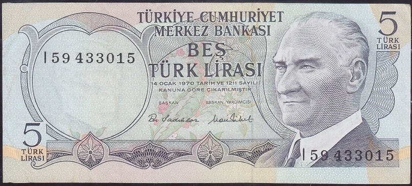 6.Emisyon 2.Tertip 5 Lira I59 433015 Çok Temiz +