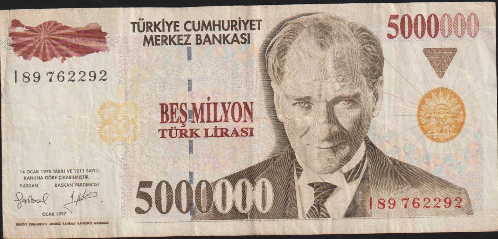 7.Emisyon 5 000 000 Lira I89 762292 Çok Temiz