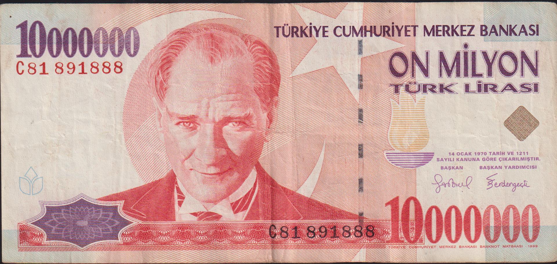 7.Emisyon 10 000 000 Lira C81 891888 Çok Temiz