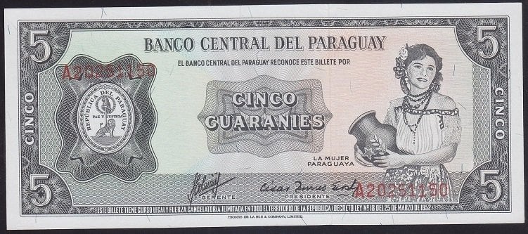 PARAGUAY 5 GUARANİES 1952 (1963) ÇİL eski kağıt para fiyatları