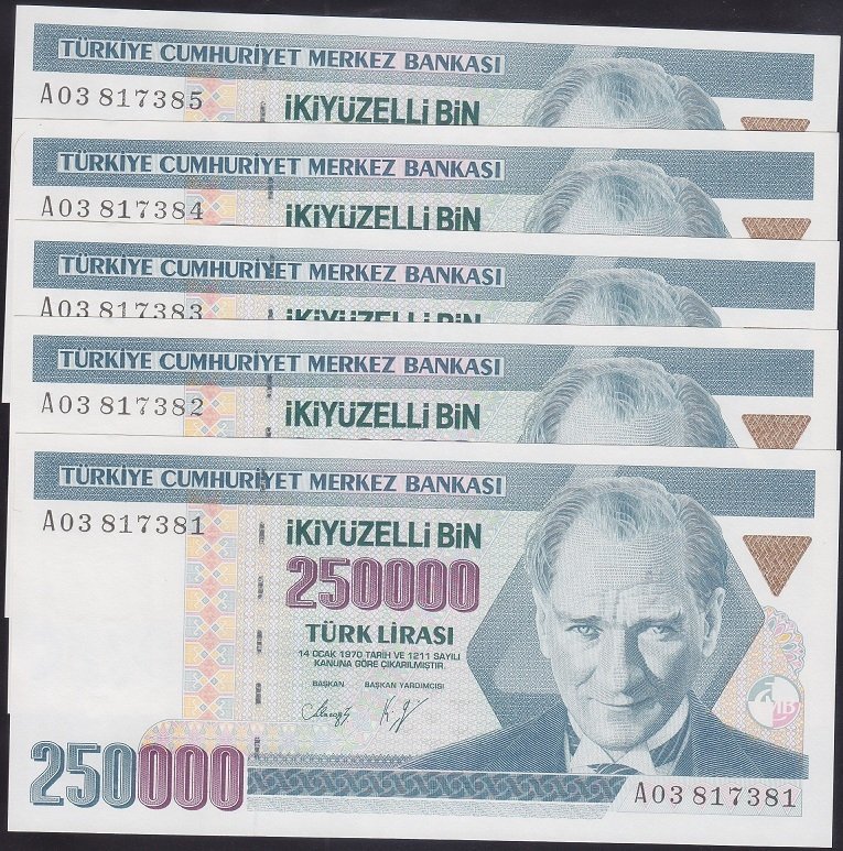 7.EMİSYON 1.TERTİP 250000 LİRA A03 817 381 - 385 ÇİLALTI ÇİL SERİ TAKİPLİ 5 ADET
