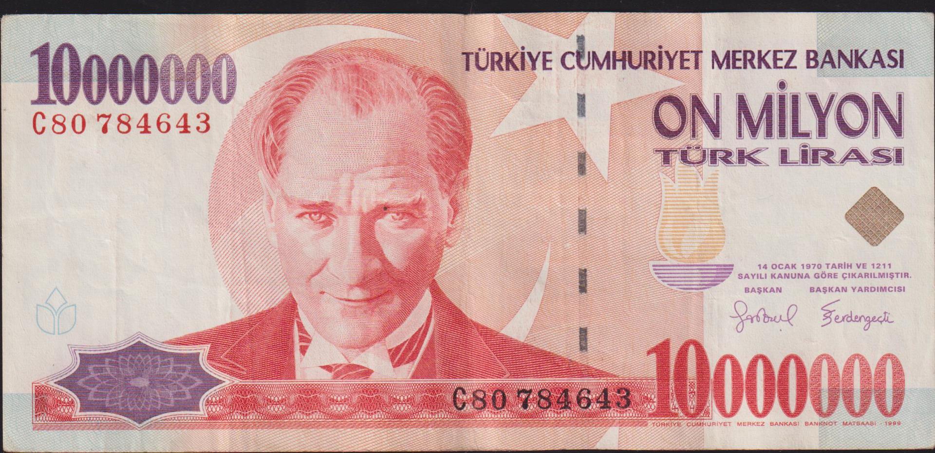 7.Emisyon 10 000 000 Lira C80 784643 Çok Temiz+