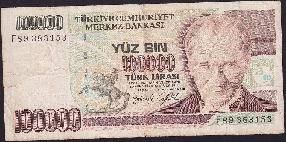 7.Emisyon 3.Tertip 100000 Lira F89 383153 Temiz