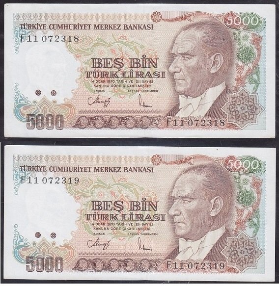 7.EMİSYON 3.TERTİP 5000 LİRA F11 072318 -19 SERİ TAKİPLİ 2 ADET ÇİLALTI +