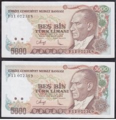 7.EMİSYON 3.TERTİP 5000 LİRA F11 072318 -19 SERİ TAKİPLİ 2 ADET ÇİLALTI +
