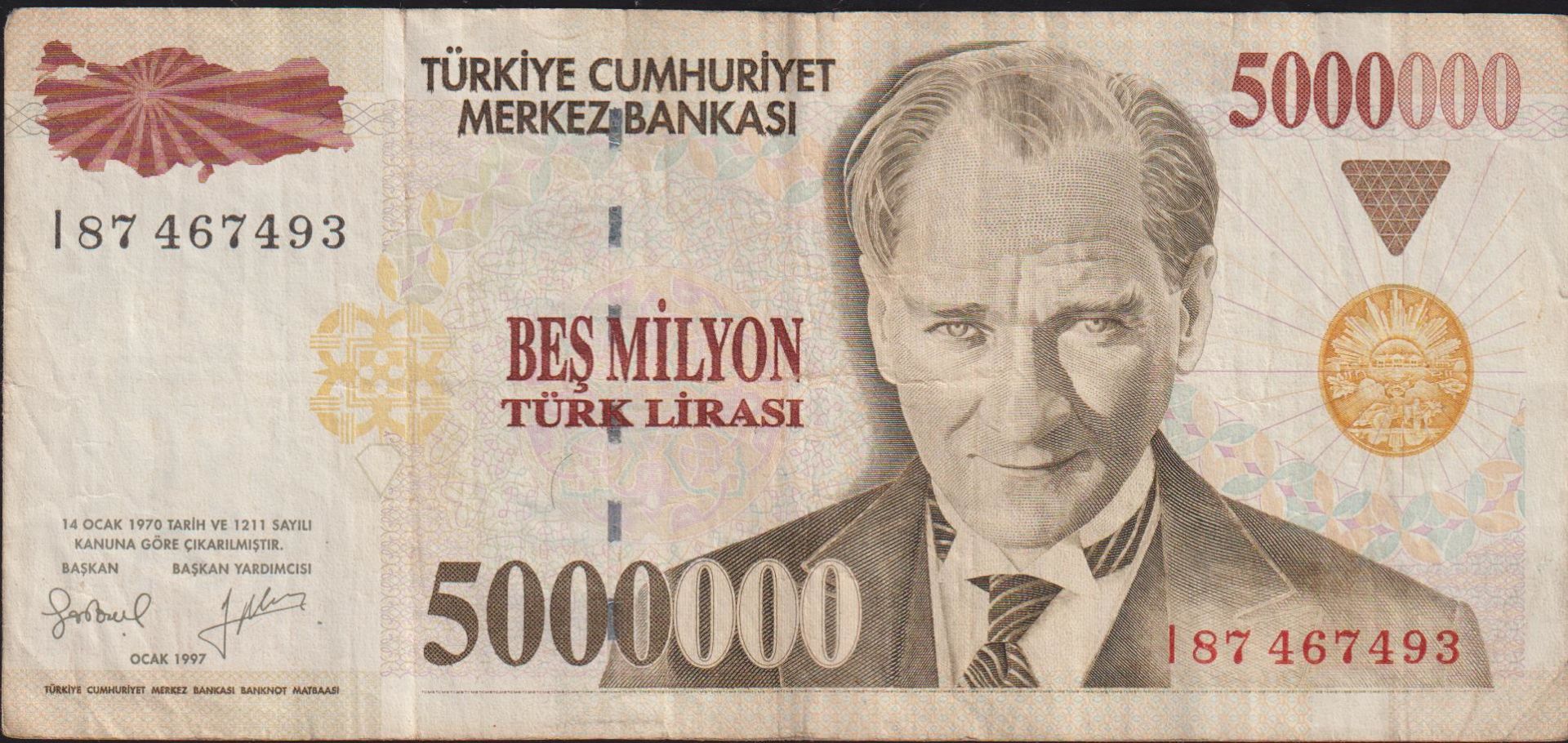 7.Emisyon 5 000 000 Lira I87 467493 Çok Temiz