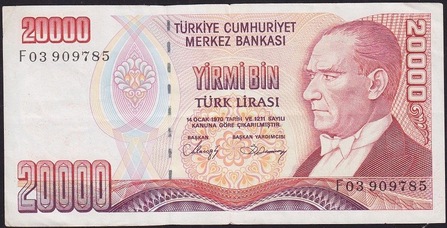 7.Emisyon 1.Tertip 20000 Lira F03 909785 Çok Temiz+
