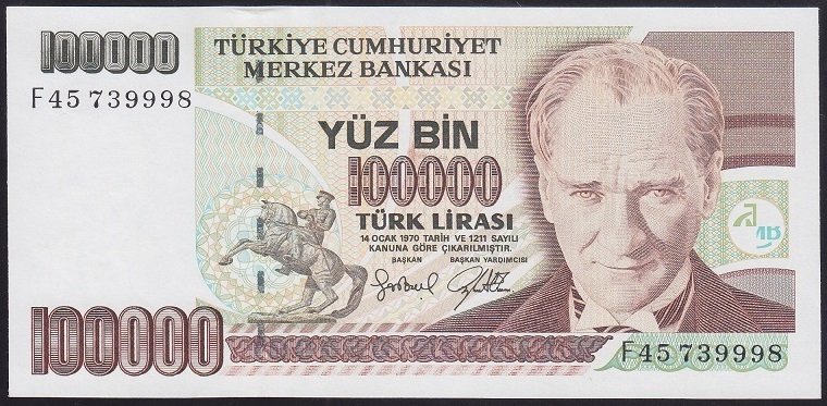 7.EMİSYON 3.TERTİP 100000 LİRA F45 739998 ÇİLALTI ÇİL