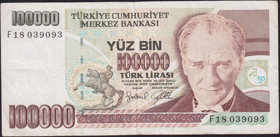 7.Emisyon 3.Tertip 100000 Lira F18 039093 Çok Temiz