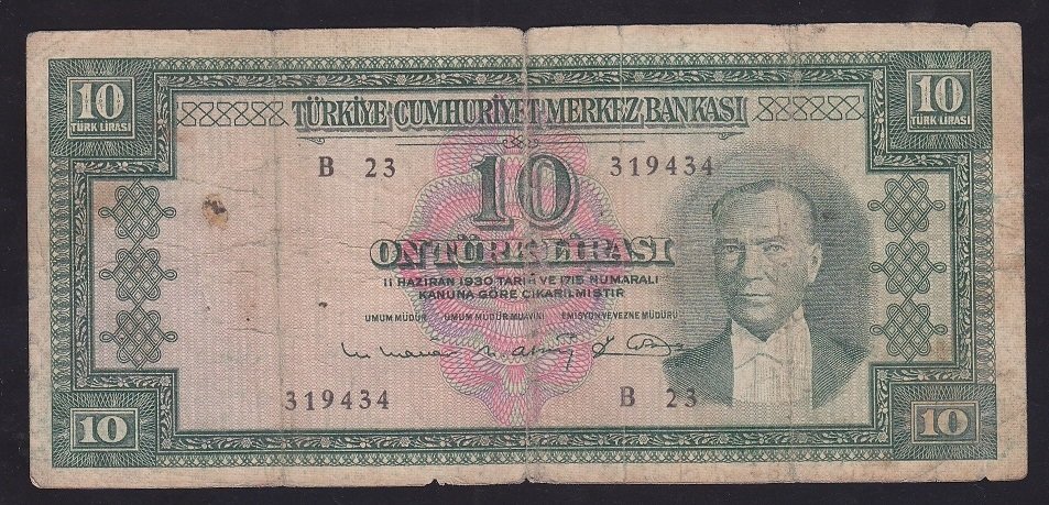 5.EMİSYON 6.TERTİP 10 LİRA B23 319434 TEMİZ