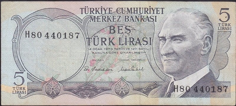 6.Emisyon 2.Tertip 5 Lira H80 440187 Çok Temiz