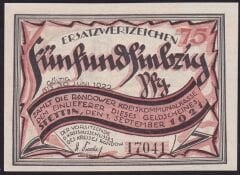 Almanya 75 Pfennig Notgeld 1922 Çil Filigranlı