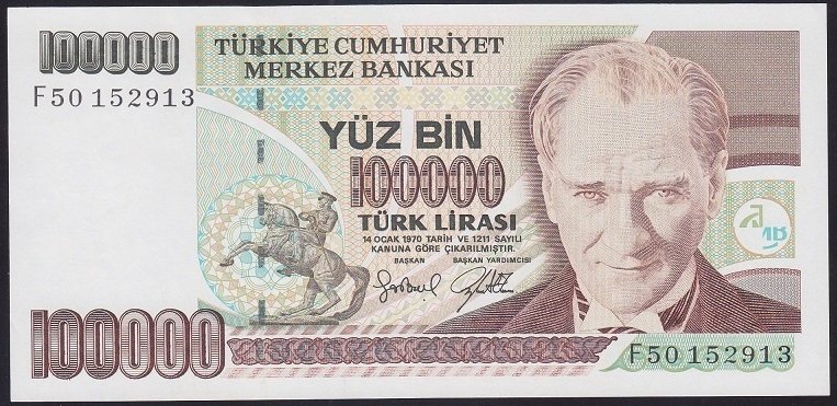 7.EMİSYON 3.TERTİP 100000 LİRA F50 152913 ÇİLALTI