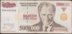 7.Emisyon 5 000 000 Lira H90 022543 Çok Temiz