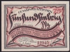 Almanya 75 Pfennig Notgeld 1922 Çil Filigranlı