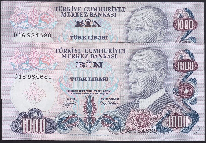 6.EMİSYON 2.TERTİP 1000 LİRA D48 984689 - 90 SERİ TAKİPLİ ÇİLALTI ÇİL
