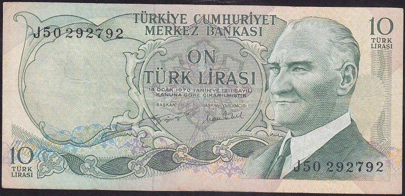 6.EMİSYON 2.TERTİP 10 LİRA J50 292792 ÇOK TEMİZ + eski para alan yerler
