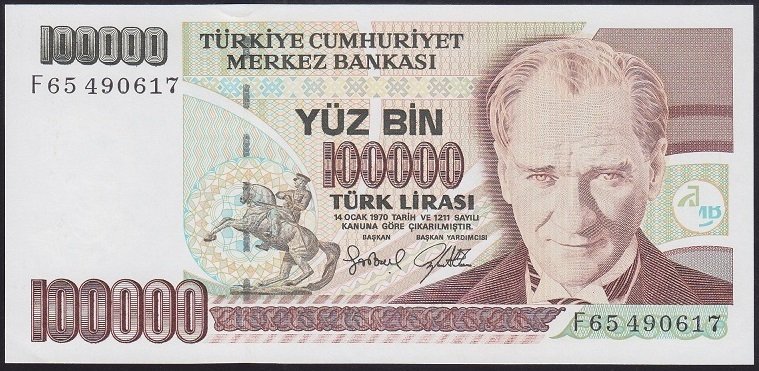 7.EMİSYON 3.TERTİP 100000 LİRA F65 490617 ÇİLALTI ÇİL