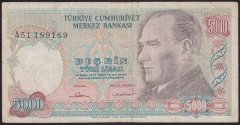 7.EMİSYON 1.TERTİP 5000 LİRA A51 189169 ÇOK TEMİZ
