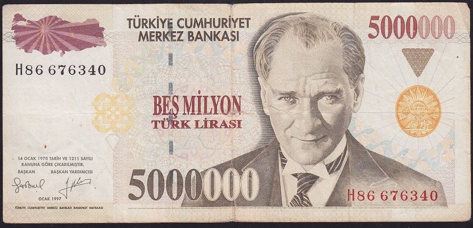 7.Emisyon 5 000 000 Lira H86 676340 Çok Temiz
