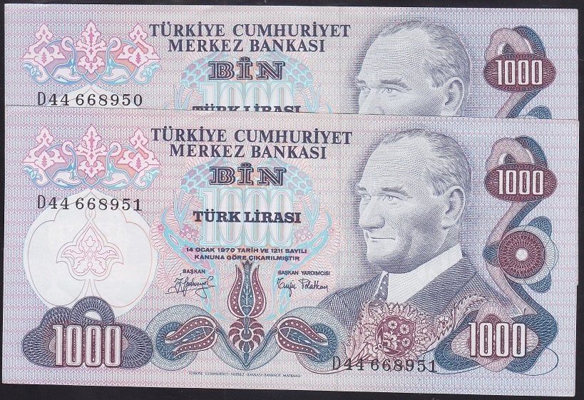 6.EMİSYON 2.TERTİP 1000 LİRA D44 668950 - 51 SERİ TAKİPLİ ÇİLALTI ÇİL