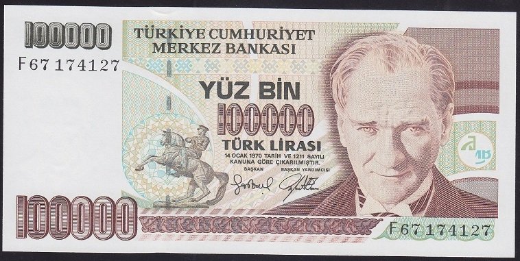7.EMİSYON 3.TERTİP 100000 LİRA F67 174127 ÇİLALTI ÇİL