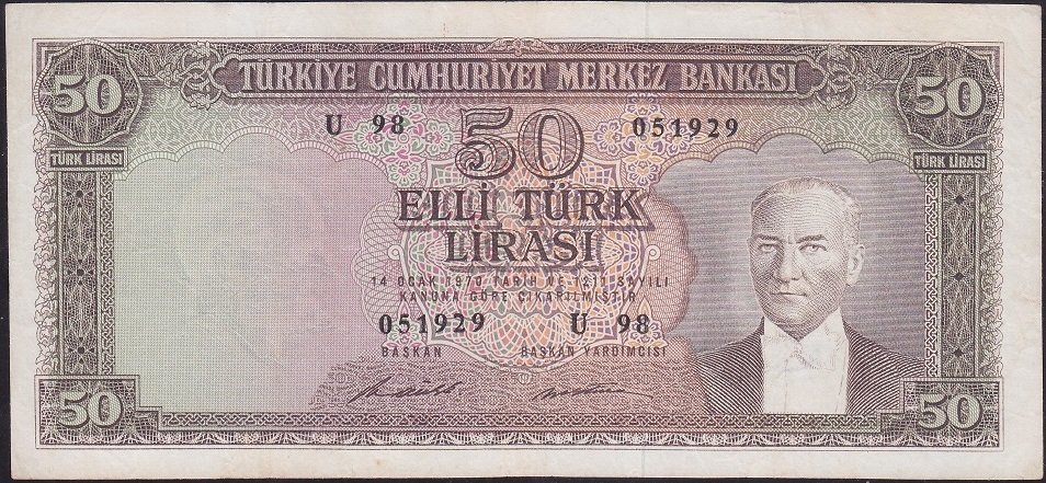 5.EMİSYON 7.TERTİP 50 LİRA U98 051929 ÇOK TEMİZ + ( DÜZELTME VAR )