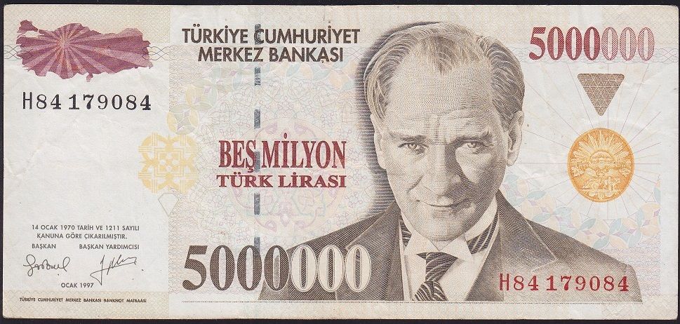 7.Emisyon 5 000 000 Lira H84 179084 Çok Temiz+