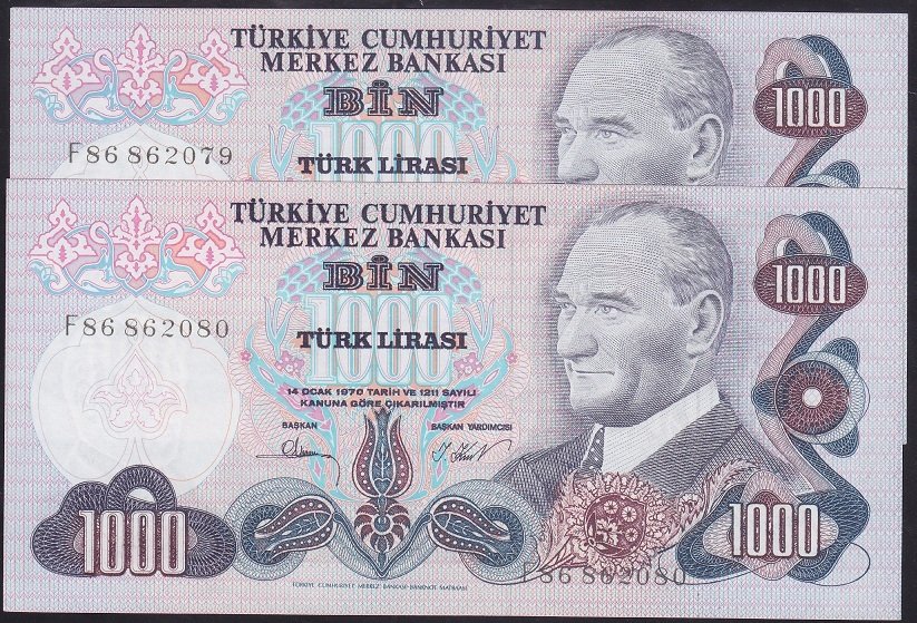 6.EMİSYON 3.TERTİP 1000 LİRA F86 862079 - 80 SERİ TAKİPLİ ÇİLALTI(ÇOK HAFİF BOMBE VAR) para eden eski paralar