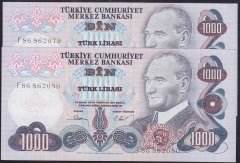 6.EMİSYON 3.TERTİP 1000 LİRA F86 862079 - 80 SERİ TAKİPLİ ÇİLALTI(ÇOK HAFİF BOMBE VAR) para eden eski paralar