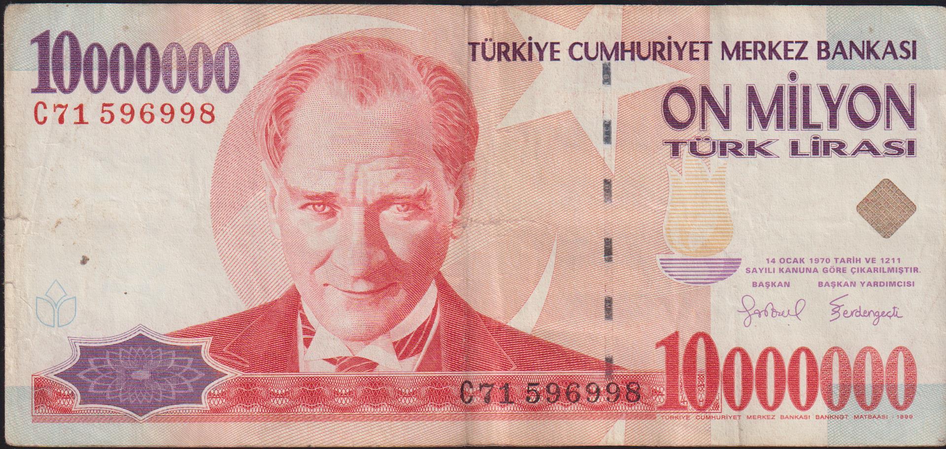 7.Emisyon 10 000 000 Lira C71 596998 Temiz+