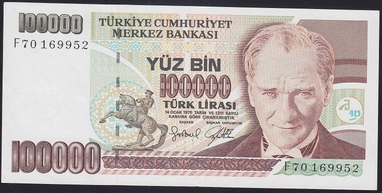 7.EMİSYON 3.TERTİP 100000 LİRA F70 169952 ÇİLALTI