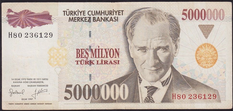 7.Emisyon 5 000 000 Lira H80 236129 Çok Temiz+