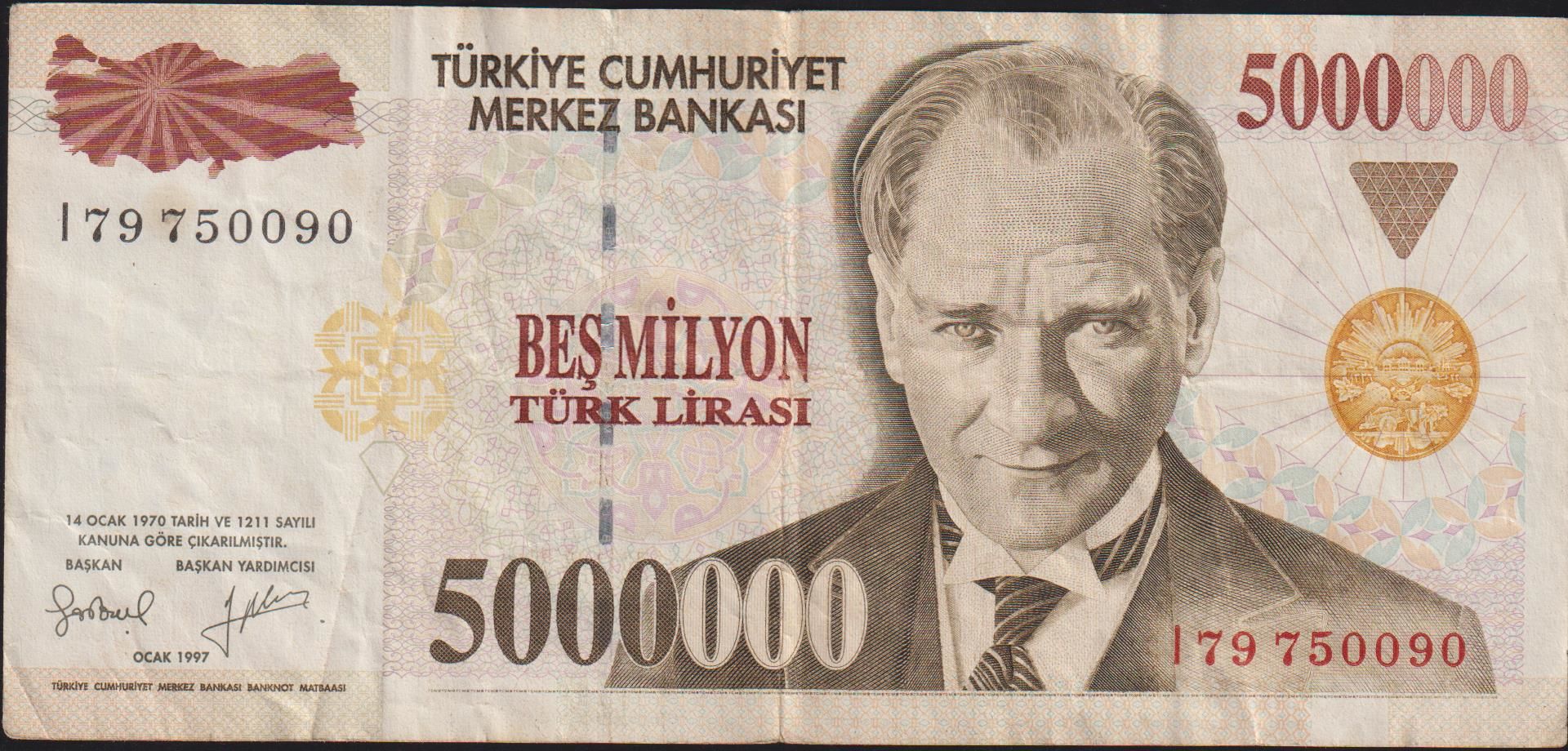 7.Emisyon 5 000 000 Lira I79 750090 Çok Temiz+