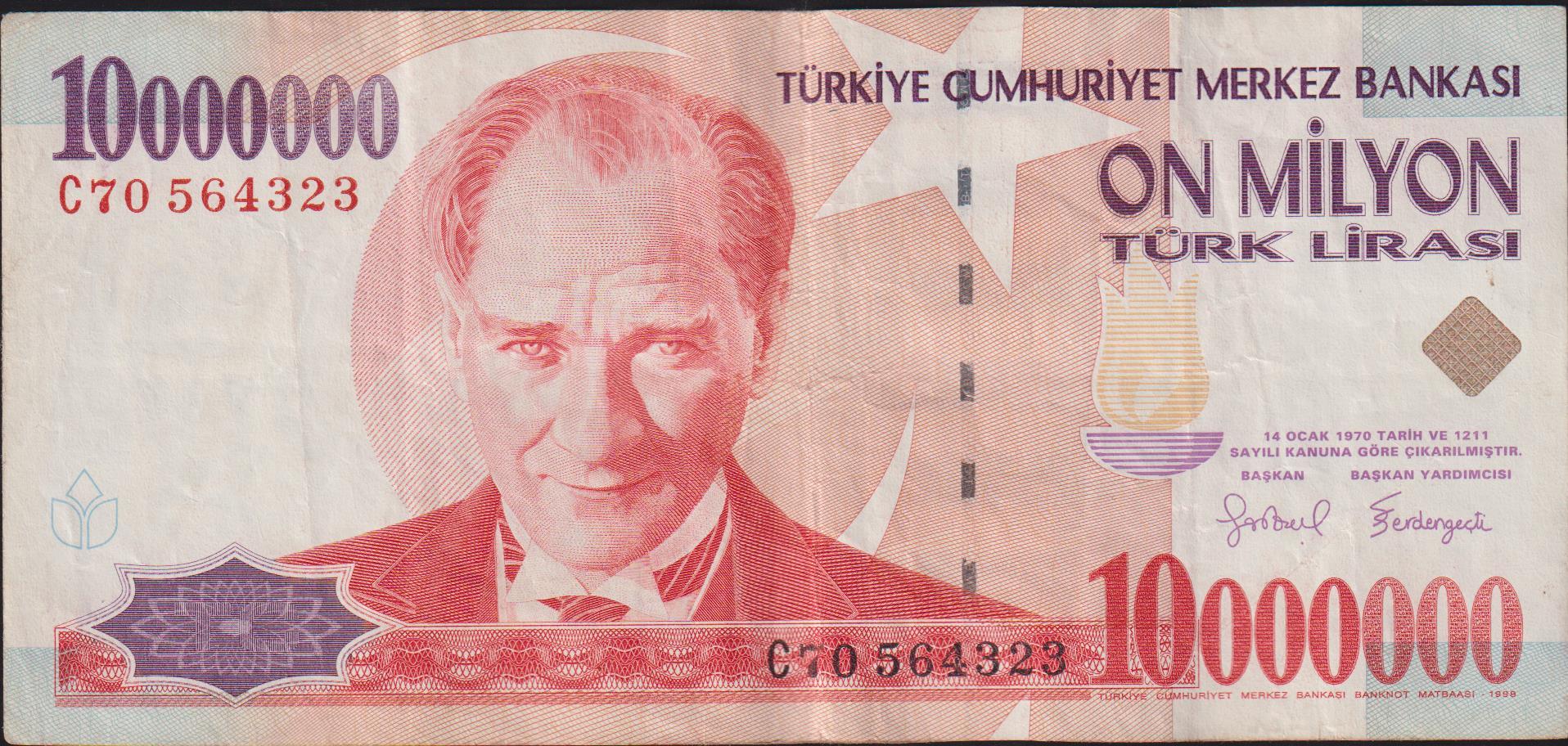 7.Emisyon 10 000 000 Lira C70 564323 Çok Temiz+