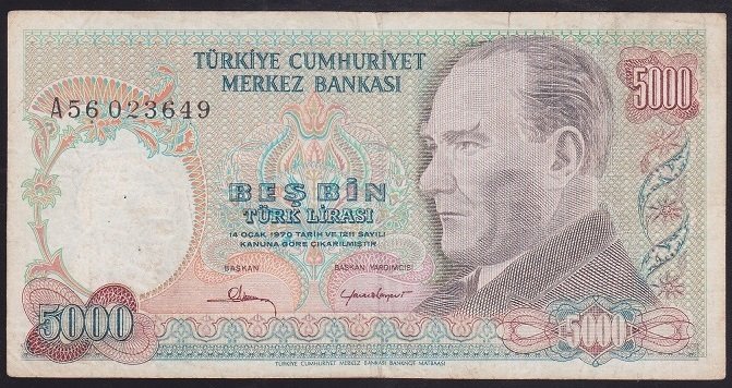 7.EMİSYON 1.TERTİP 5000 LİRA A56 023649 ÇOK TEMİZ