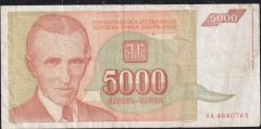 Yugoslavya 5000 Dinar 1993 Çok Temiz Pick 128 AA