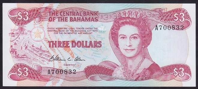 Bahama 3 Dolar 1974 (1984) Çil - Kraliçe Pick 44