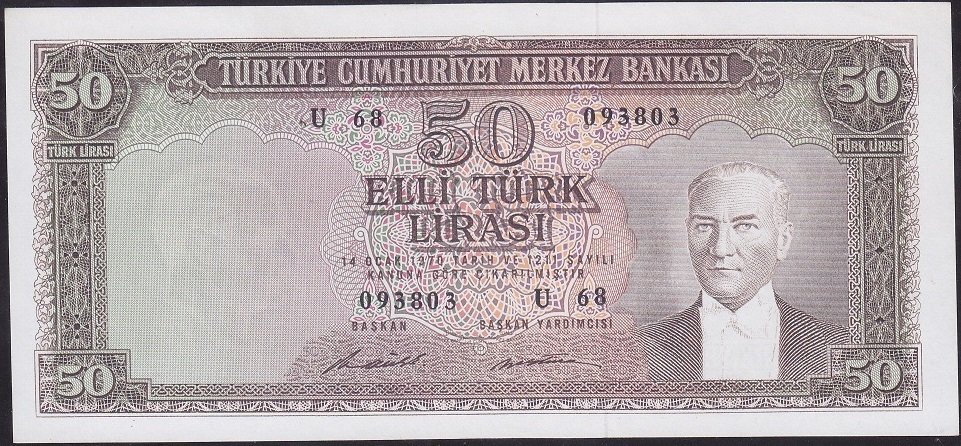 5.EMİSYON 7.TERTİP 50 LİRA U68 093803 ÇİLALTI ( KABARTMA BELİRGİN DEĞİL) eski para fiyatları