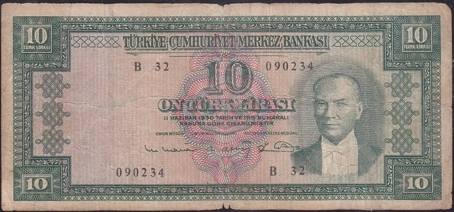 5.Emisyon 6.Tertip 10 Lira B32 090234 Temiz
