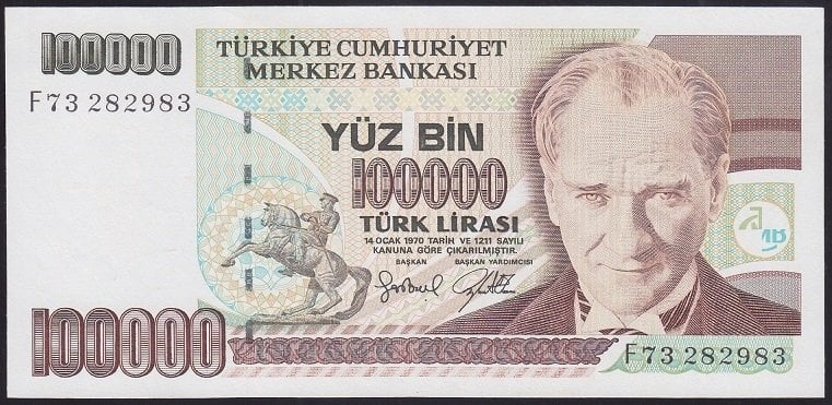 7.EMİSYON 3.TERTİP 100000 LİRA F73 282983 ÇÇT ÇİLALTI eski kağıt para mezat