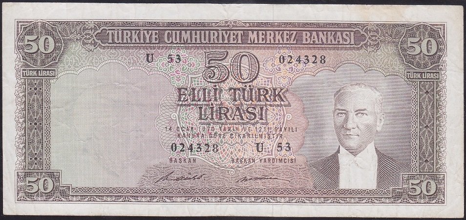 5.EMİSYON 7.TERTİP 50 LİRA U53 024328 ÇOK TEMİZ