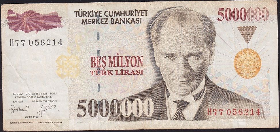 7.Emisyon 5 000 000 Lira H77 056214 Çok Temiz