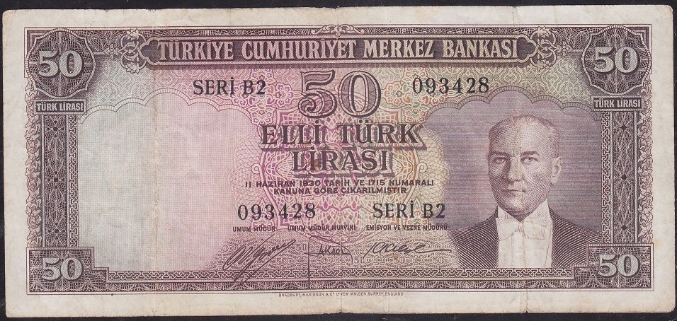 5.Emisyon 1.Tertip 50 Lira B2 093428 Çok Temiz
