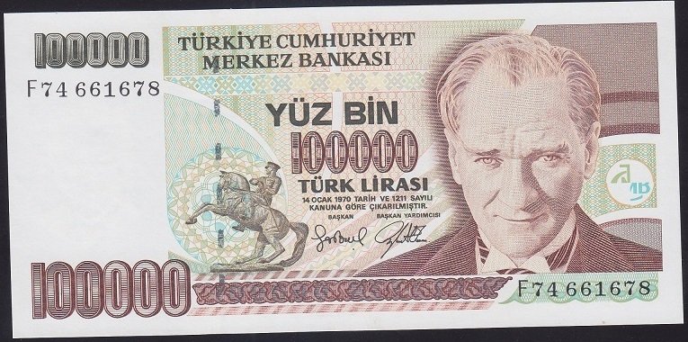 7.EMİSYON 3.TERTİP 100000 LİRA F74 661678 ÇİLALTI ÇİL