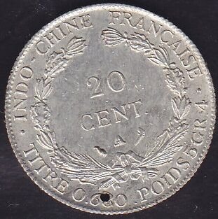 French İndochina 20 Cent 1937 Gümüş Kaplama