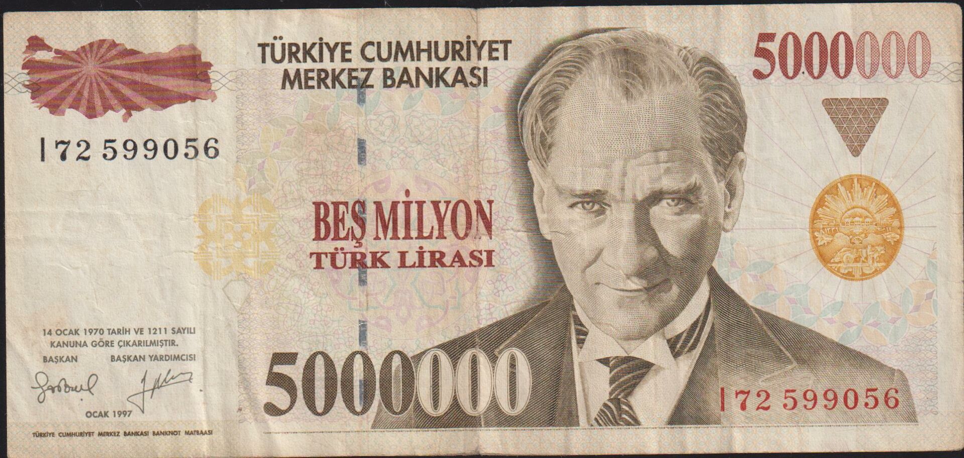 7.Emisyon 5 000 000 Lira I72 599056 Çok Temiz