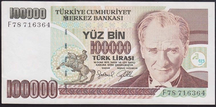 7.EMİSYON 3.TERTİP 100000 LİRA F78 716364 ÇÇT ÇİLALTI eski kağıt para değerleri
