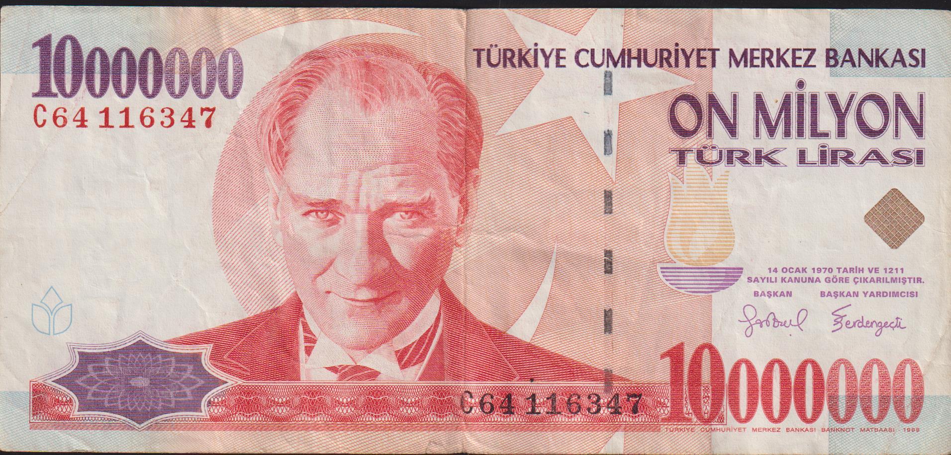 7.Emisyon 10 000 000 Lira C64 116347 Çok Temiz+