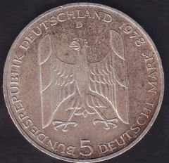 Almanya 5 Mark 1978 D Gümüş Gustav Stresemann'ın Doğumunun 100. Yıldönümü Hatıra Para